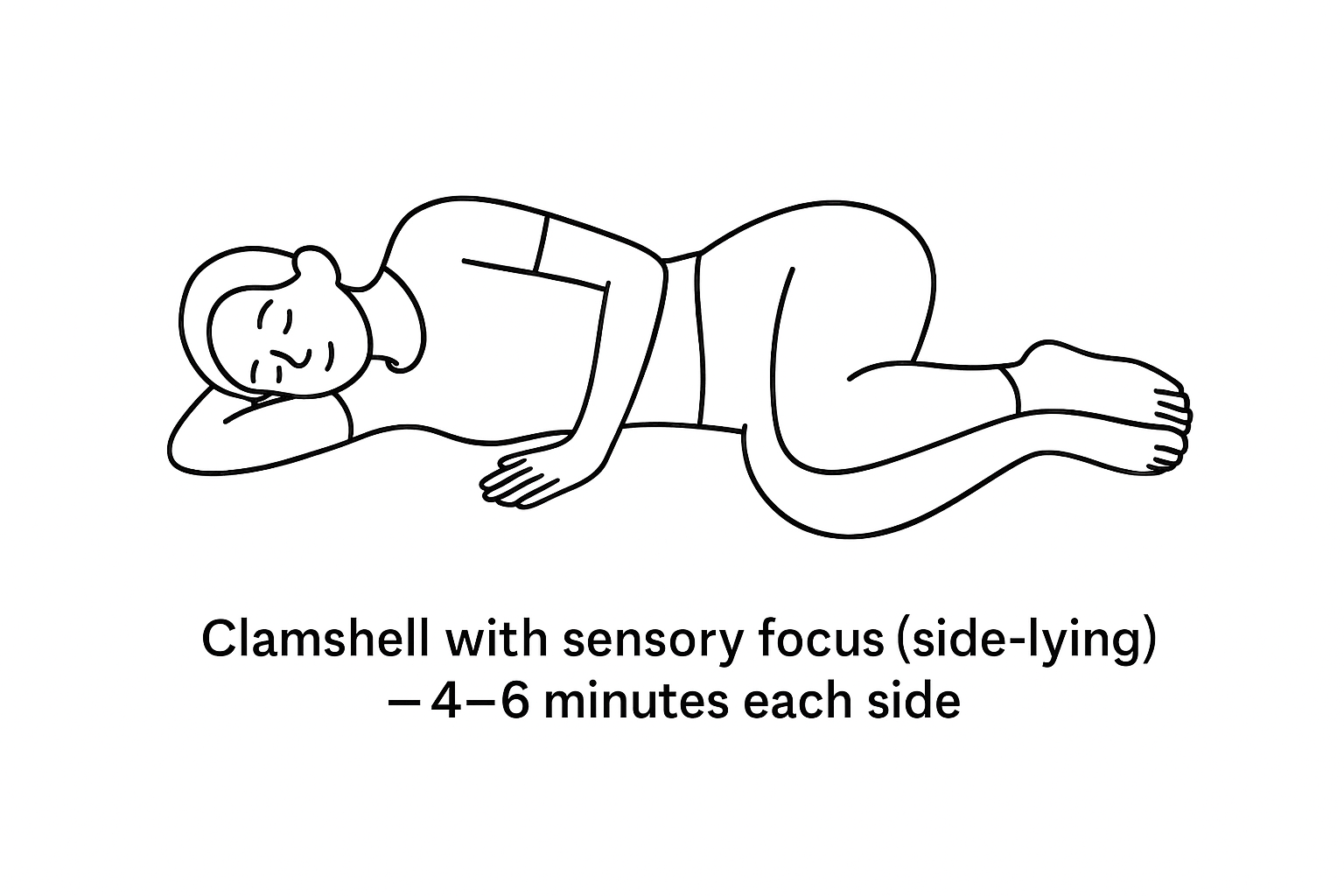 Clamshell with sensory focus side lying — 4–6 minutes each side